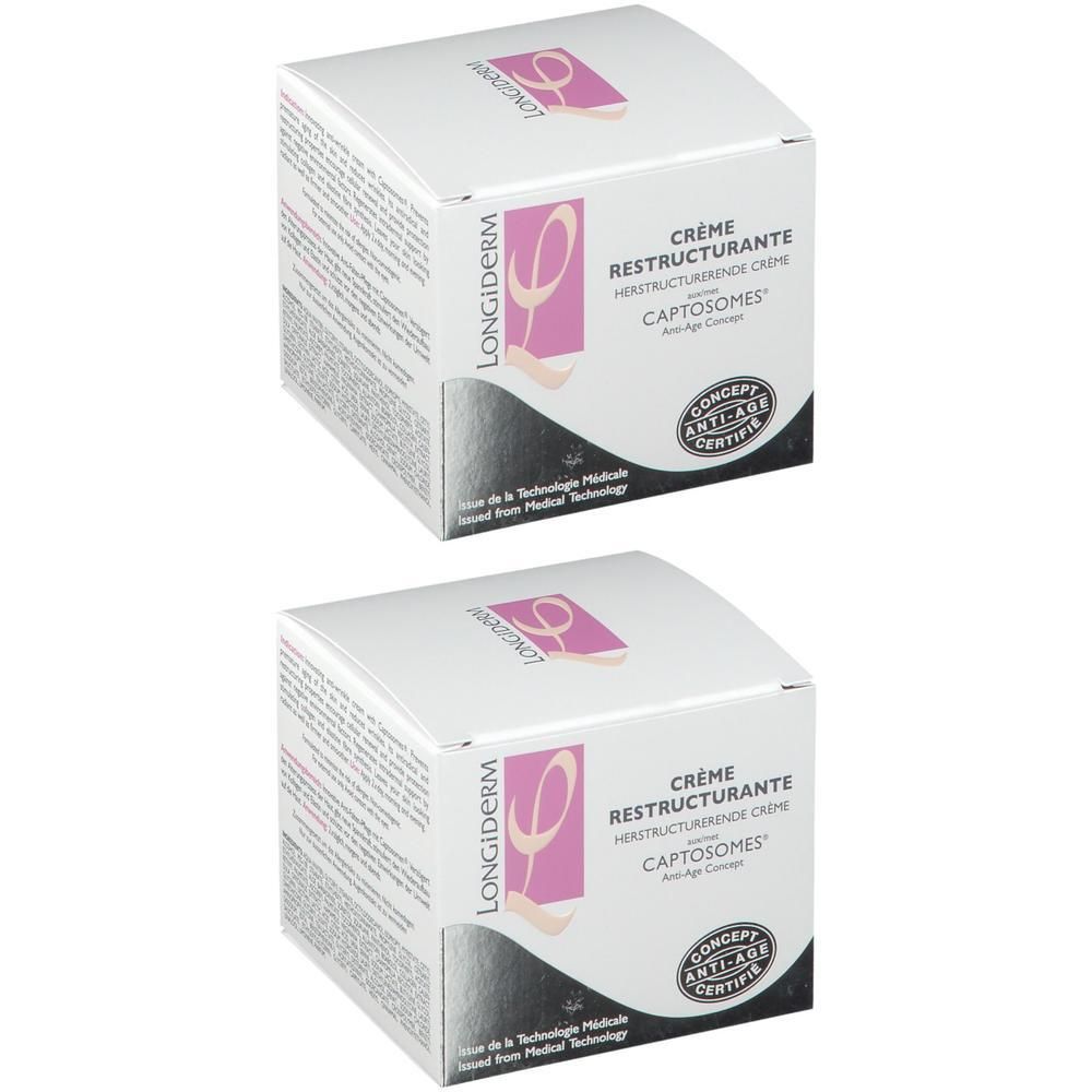Deux boîtes carrées. Inscription: Longiderm, Crème Restructurante, CAPTOSOMES, Anti-Age Concept. Logo de certification.