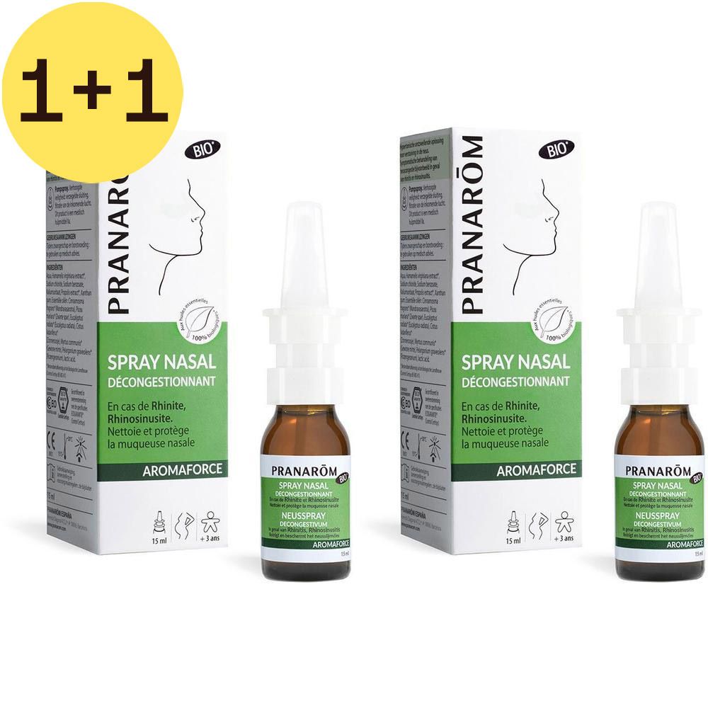 Deux boîtes et un spray nasal. Inscription: PRANARÔM, Spray nasal décongestionnant. Certification Bio.