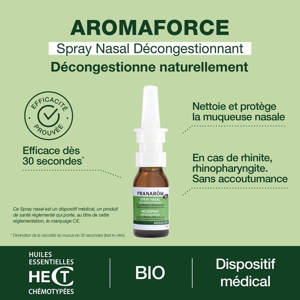 Spray nasal avec texte: AROMAFORCE, Spray Nasal Décongestionnant. Certification Bio. Dispositif médical.
