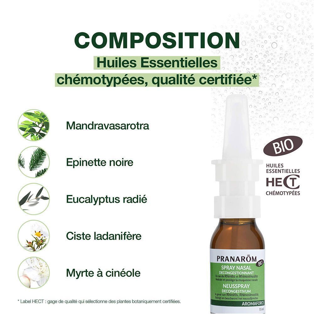 Composition: Huiles essentielles, Mandravasarotra, Pin noir, Eucalyptus radié, Ciste ladanifère, Myrte.
