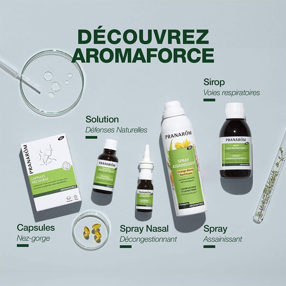 Différents produits: Spray nasal, gélules, sirop, spray. Marque: AROMAFORCE.