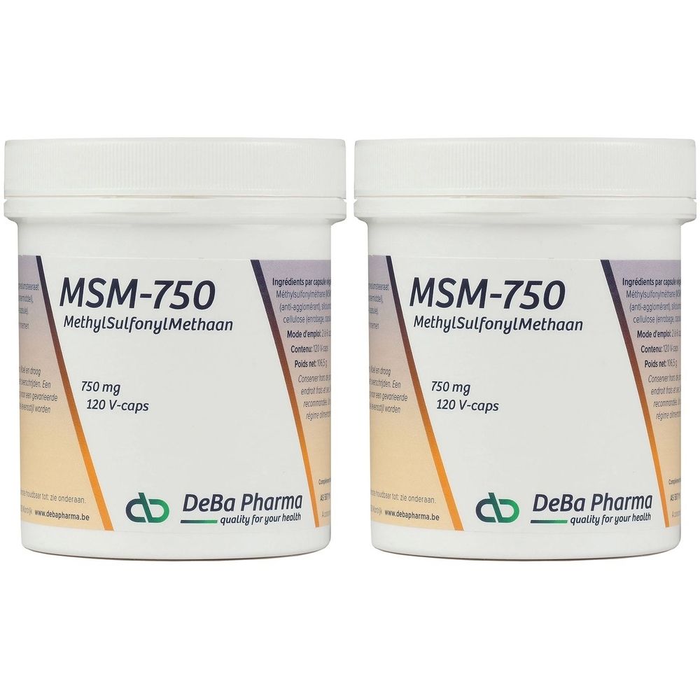 Deux pots blancs avec couvercles. Inscription MSM-750, MethylSulfonylMethaan, 750 mg, 120 V-caps. Logo et texte DeBa Pharma.