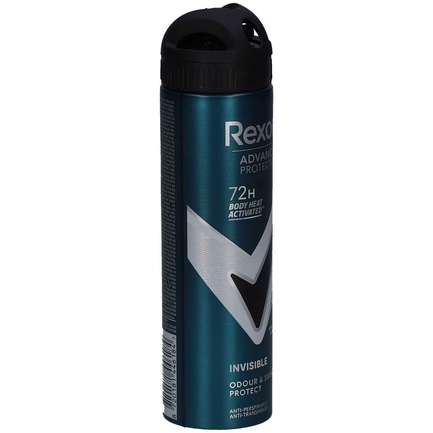 Bombe de déodorant turquoise avec bouchon noir. Inscription: Rexona, Advanced Protection, 72H, Invisible. Pour hommes. Protection contre les odeurs et la transpiration.