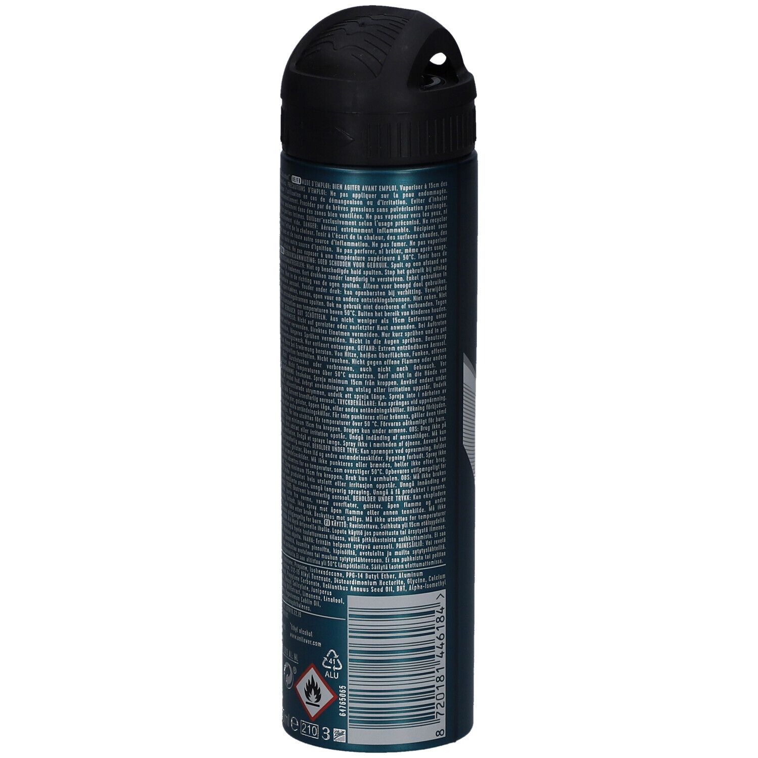 Dos d'une bombe de déodorant turquoise avec bouchon noir. Texte multilingue. Avertissements et symboles de recyclage.