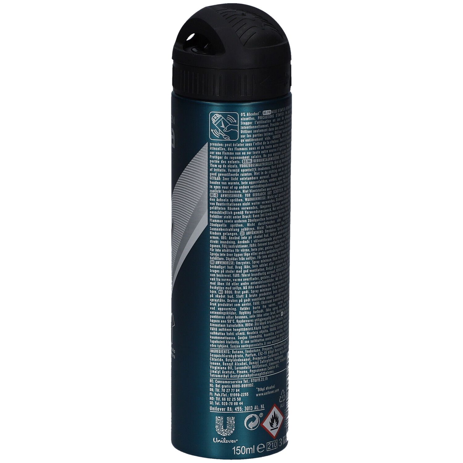 Dos d'une bombe de déodorant turquoise avec bouchon noir. Texte multilingue. Volume: 150ml. Avertissements et symboles.