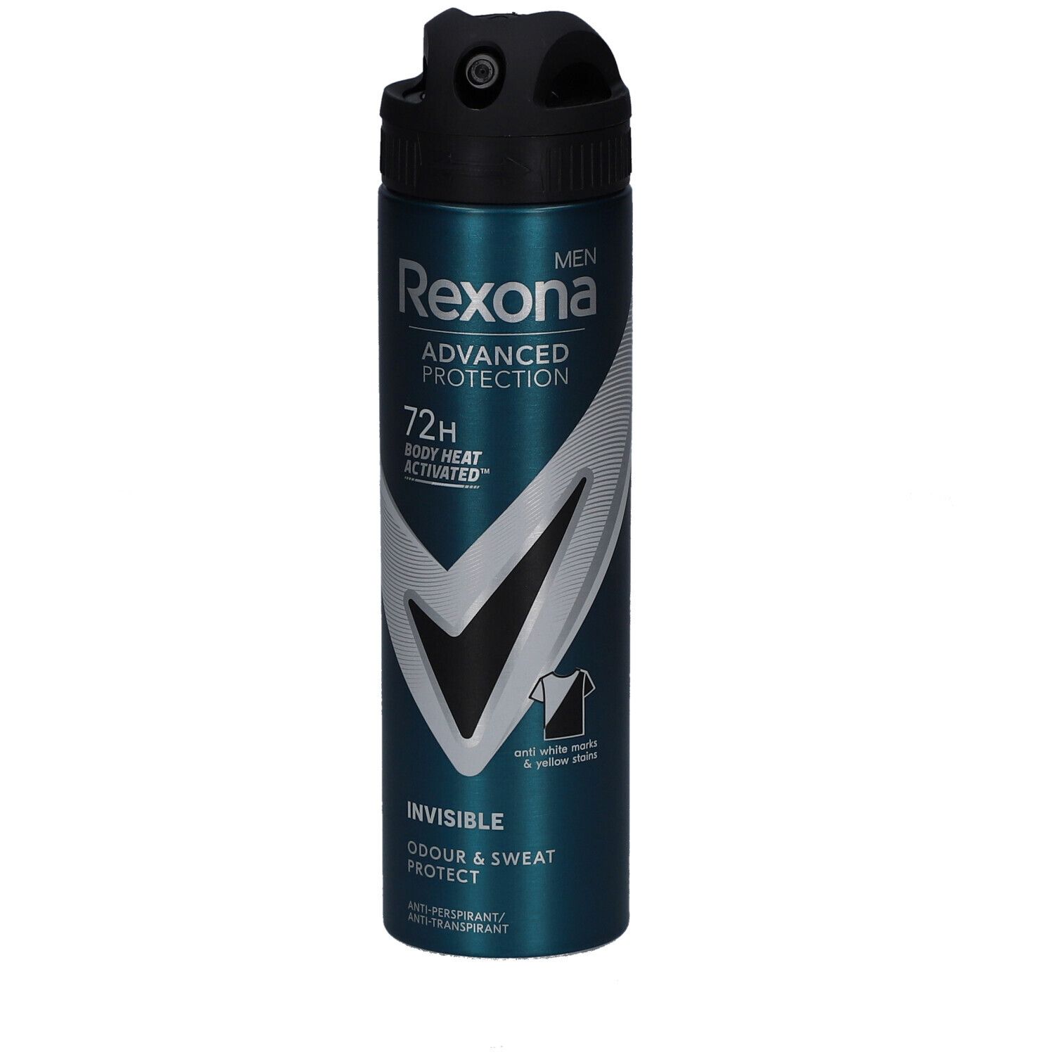 Bombe de déodorant turquoise avec bouchon noir. Inscription: Rexona, Advanced Protection, 72H, Invisible. Pour hommes. Protection contre les odeurs et la transpiration.