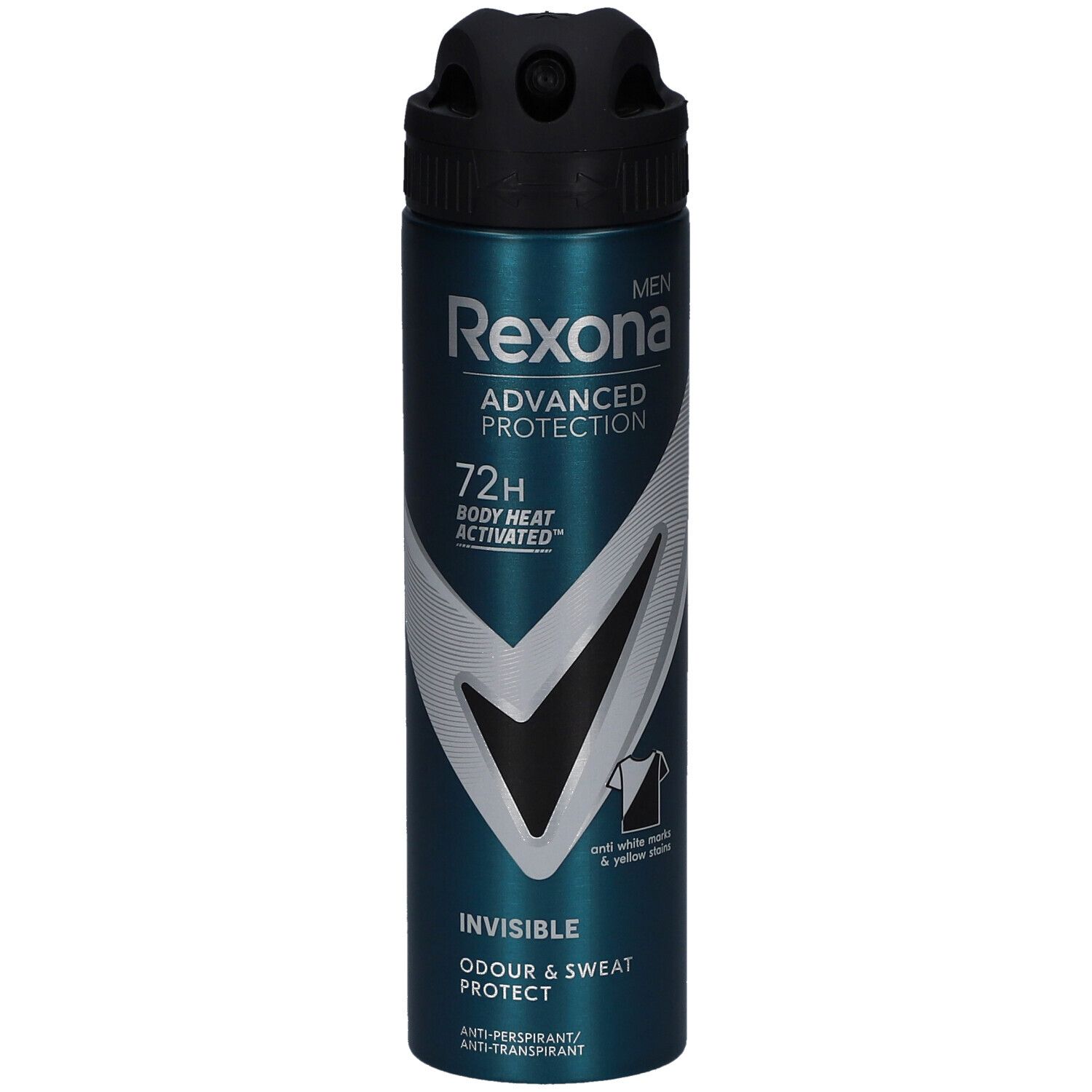Bombe de déodorant turquoise avec bouchon noir. Inscription: Rexona, Advanced Protection, 72H, Invisible. Pour hommes. Protection contre les odeurs et la transpiration.