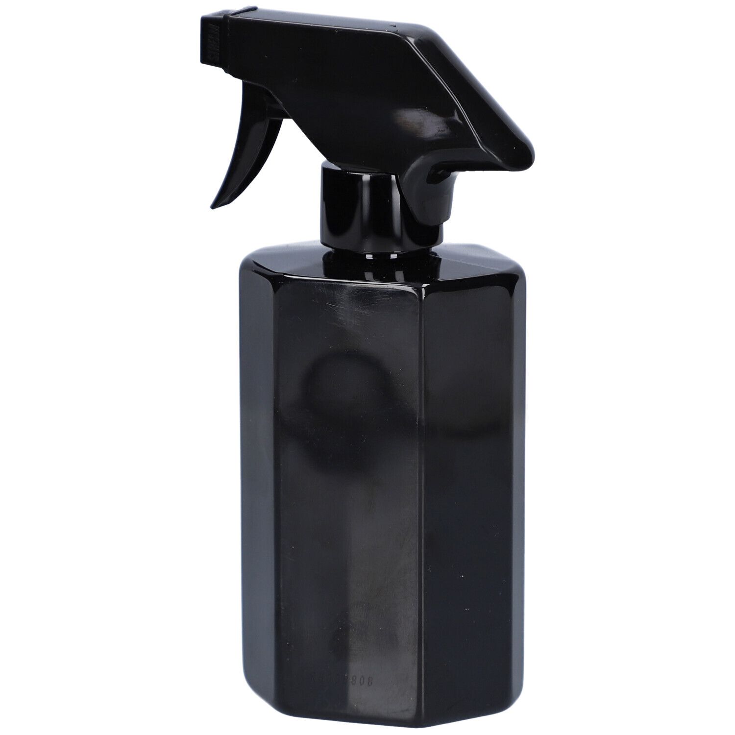 Flacon pulvérisateur noir avec tête de pulvérisation. Aucun autre détail visible.