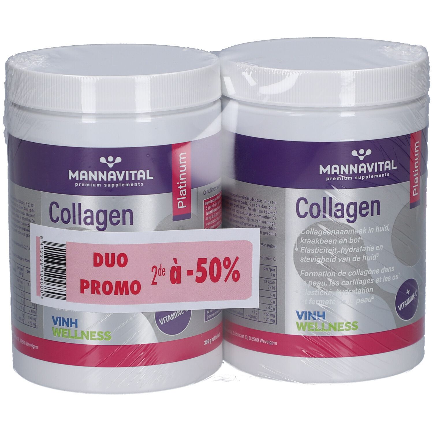 Deux boîtes blanches Mannavital Collagen Platinum avec étiquettes violettes et roses. Autocollant Duo Promo avec -50 % de réduction.
