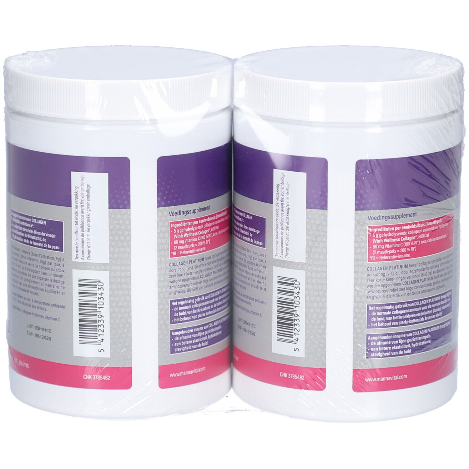 Deux boîtes blanches Mannavital Collagen Platinum, emballées dans du film plastique. Dos avec informations produit.