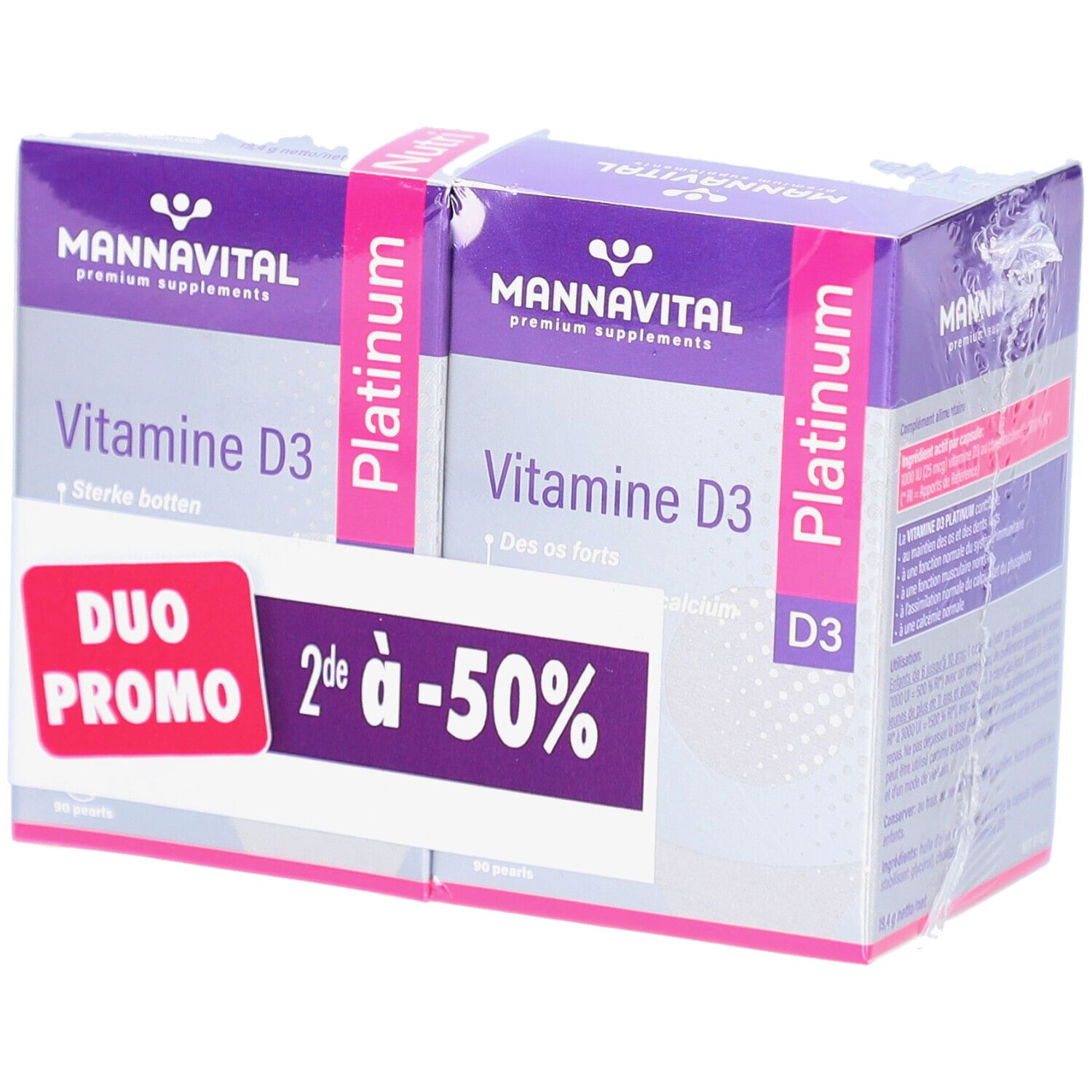 Deux boîtes de MannaVital Vitamine D3 Platinum. Étiquette Duo Promo avec -50%. Emballage violet et blanc.