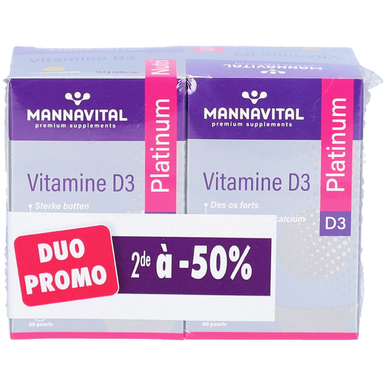 Deux boîtes de MannaVital Vitamine D3 Platinum. Étiquette Duo Promo avec -50%. Emballage violet et blanc.