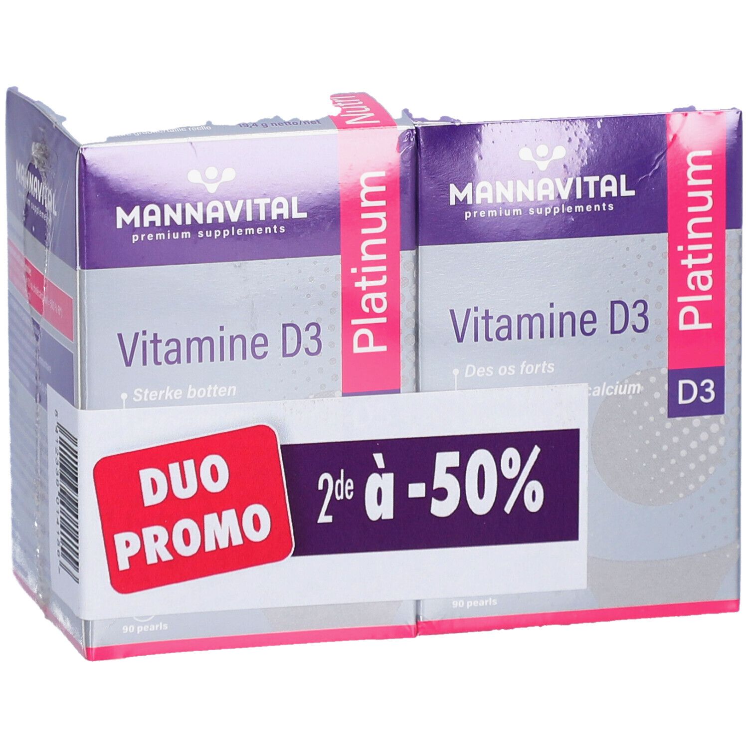 Deux boîtes de MannaVital Vitamine D3 Platinum. Étiquette Duo Promo avec -50%. Emballage violet et blanc.