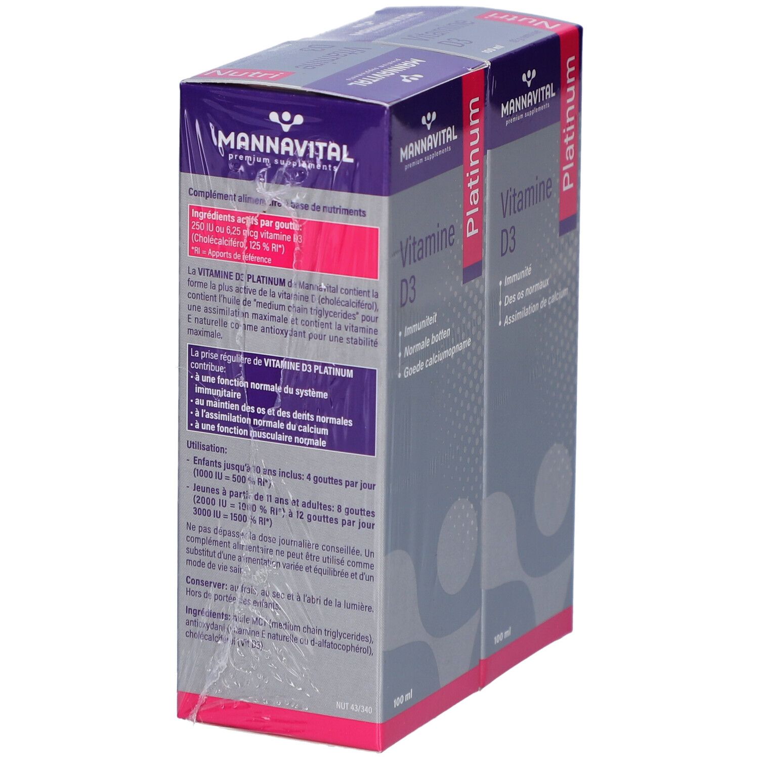 Pack de deux boîtes de Vitamine D3. Emballage avec informations produit. Autocollant Duo Promo. Vue oblique.