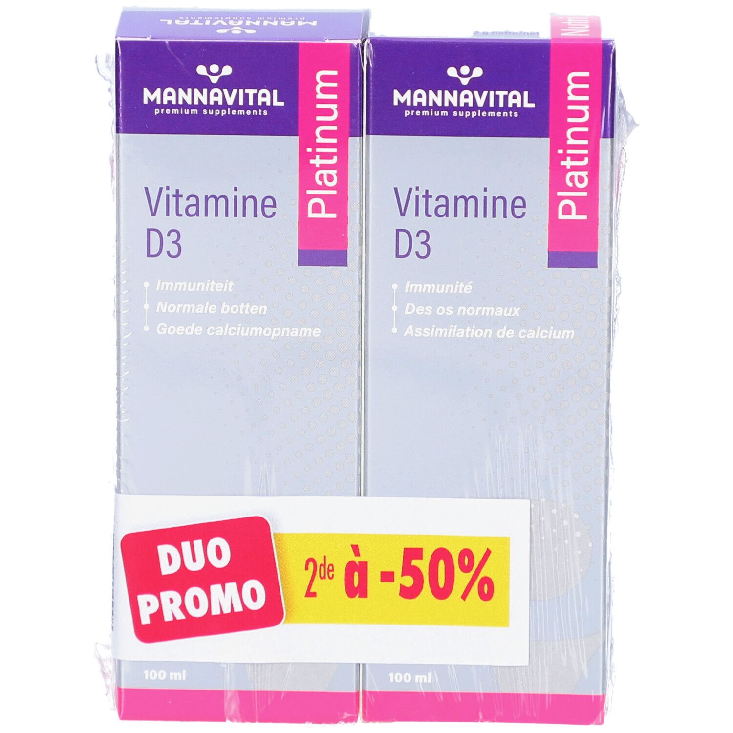 Pack de deux boîtes de Vitamine D3. Emballage blanc et violet. Autocollant Duo Promo. Vue de face.