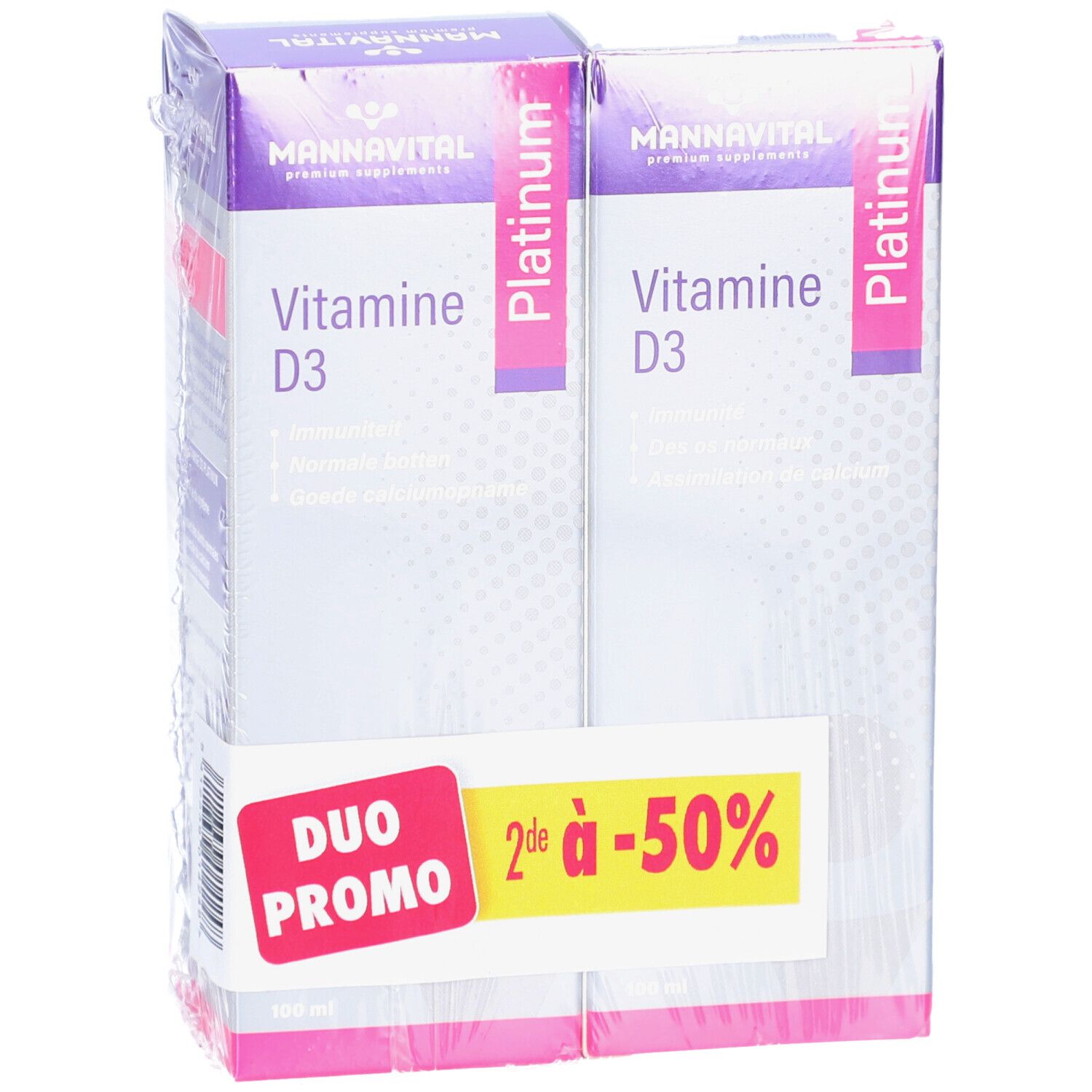 Pack de deux boîtes de Vitamine D3. Emballage blanc et violet. Autocollant Duo Promo. Vue de face.