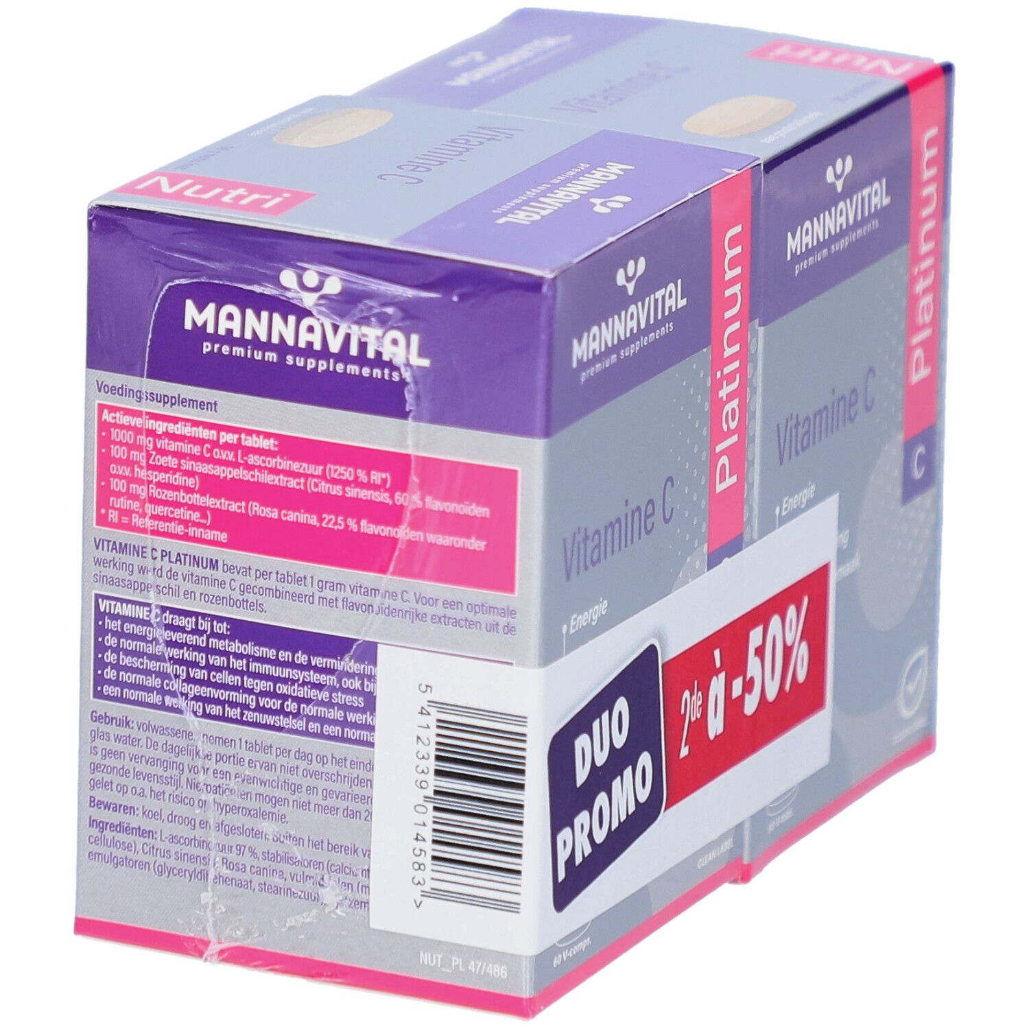 Emballage Mannavital Vitamine C Platinum. Autocollant Duo Promo avec -50%. Contient des informations sur les ingrédients.