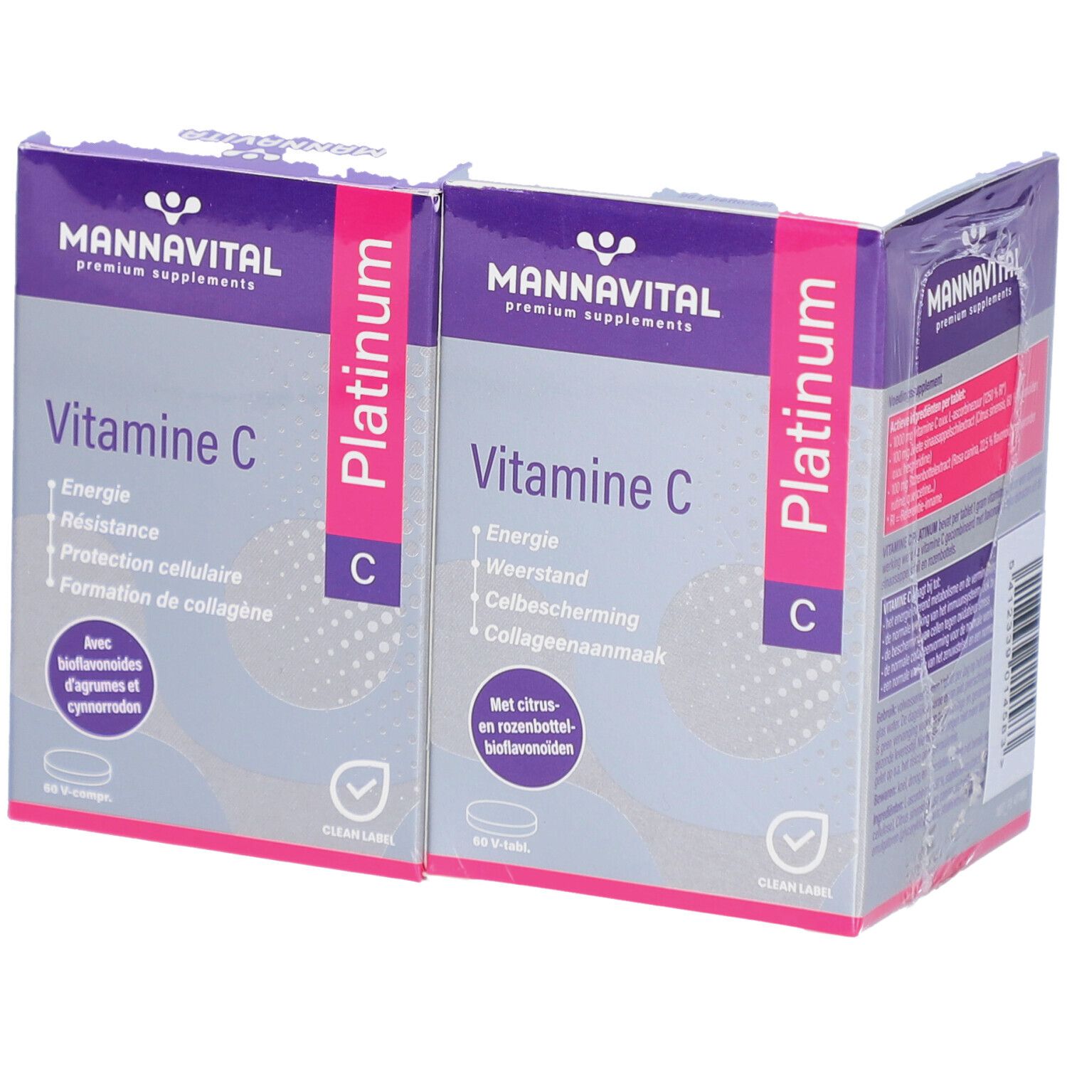 Deux boîtes Mannavital Vitamine C Platinum. Emballage violet et blanc. Contient des informations sur les ingrédients.