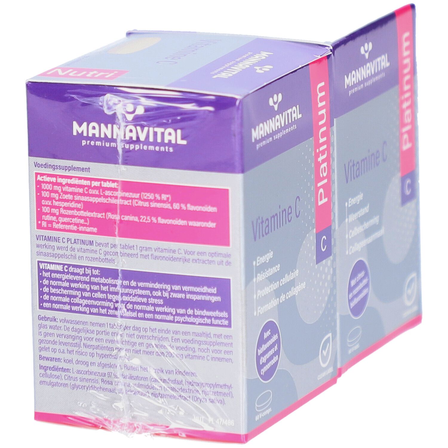 Emballage Mannavital Vitamine C Platinum. Contient des informations sur les ingrédients et les avantages du produit.