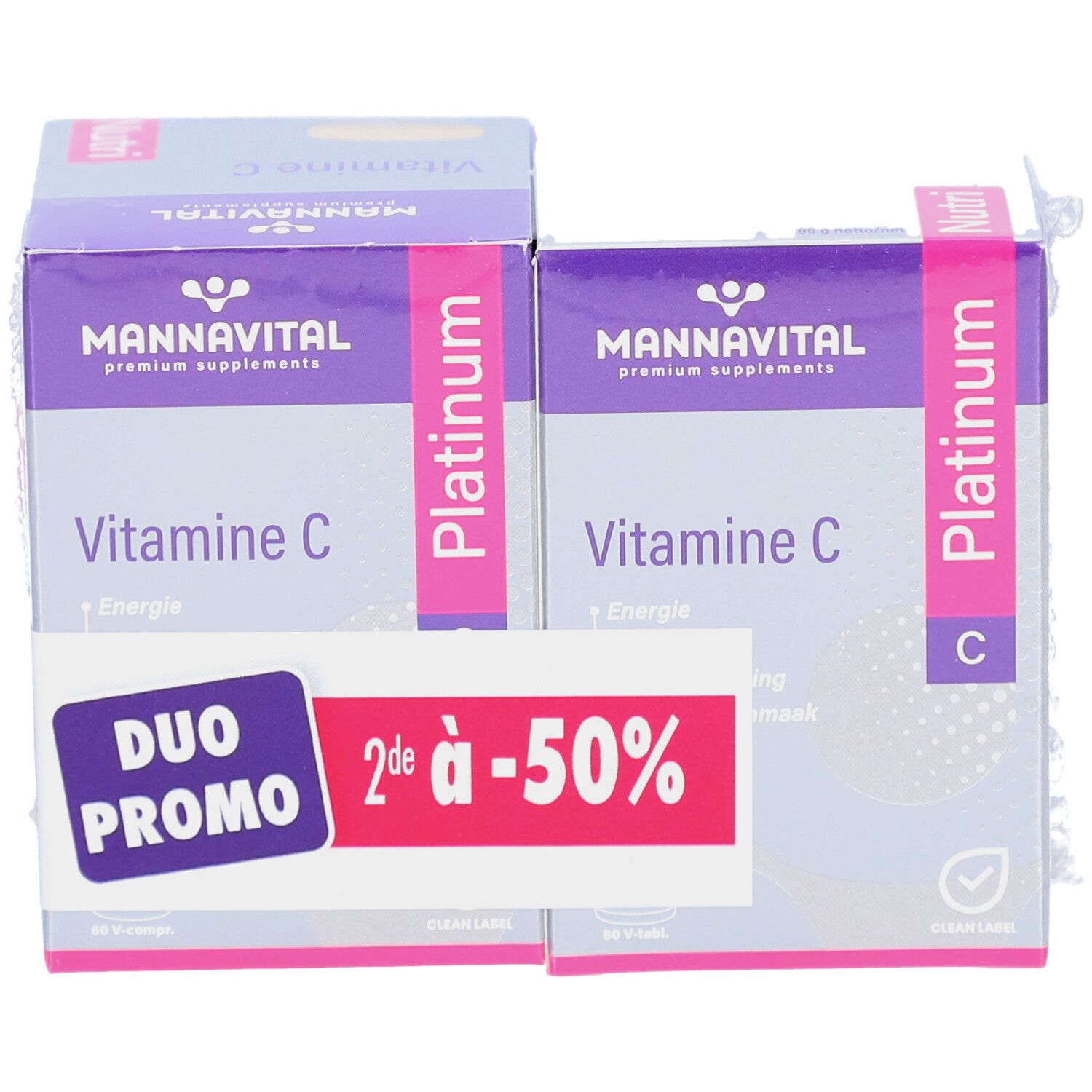 Deux boîtes Mannavital Vitamine C Platinum. Autocollant Duo Promo avec -50%. Emballage violet et blanc.