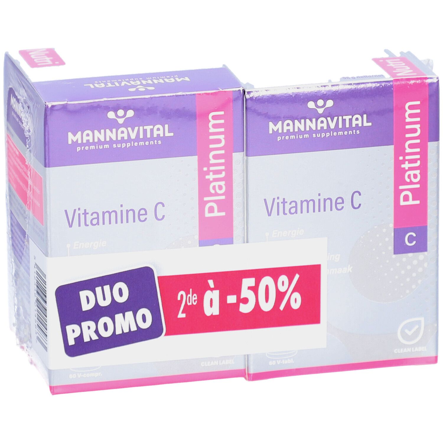 Deux boîtes Mannavital Vitamine C Platinum. Autocollant Duo Promo avec -50%. Emballage violet et blanc.