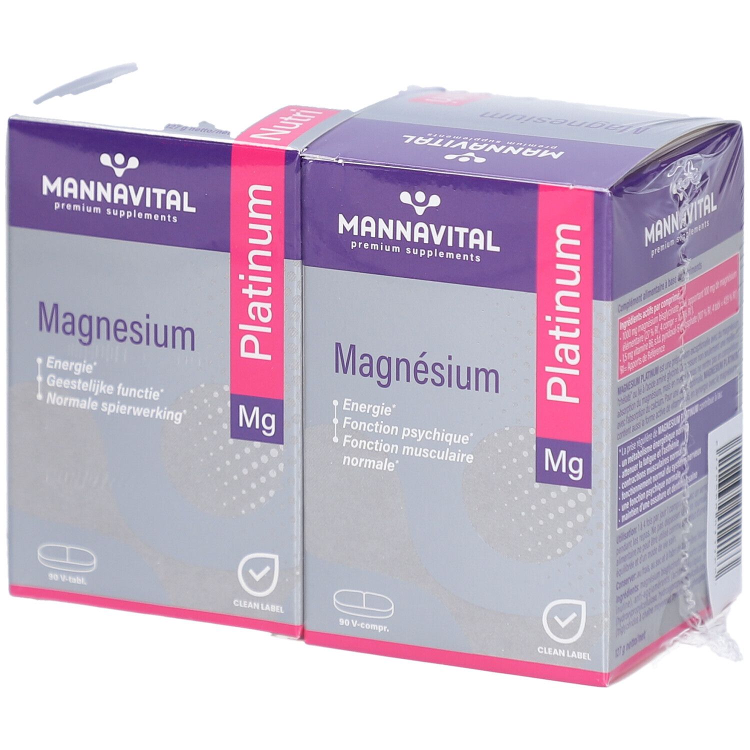 Duopack MannaVital Magnesium Platinum. Deux boîtes côte à côte, avec informations produit et un sceau.