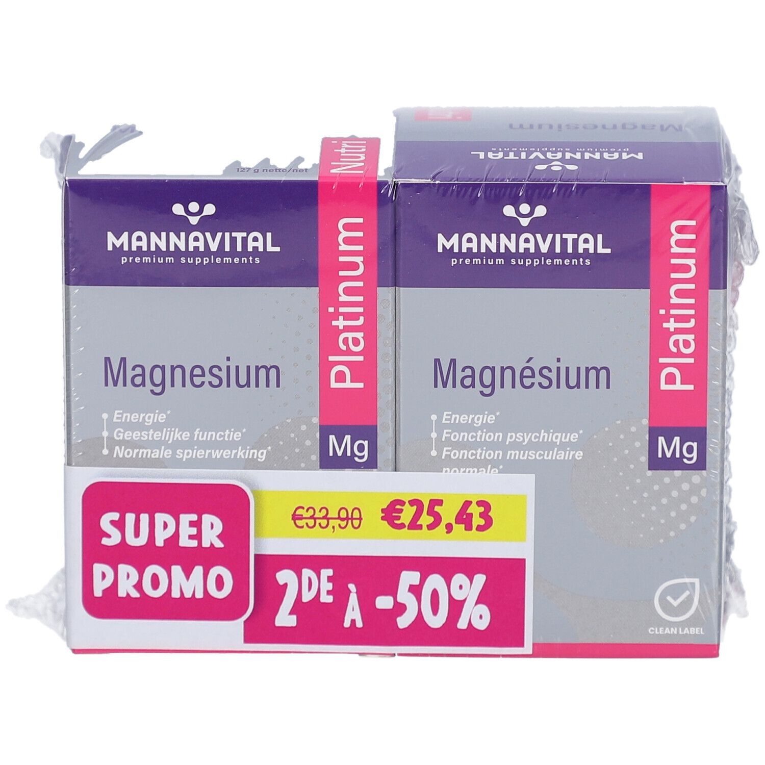 Duopack MannaVital Magnesium Platinum. Deux boîtes avec informations produit et autocollant Super Promo.