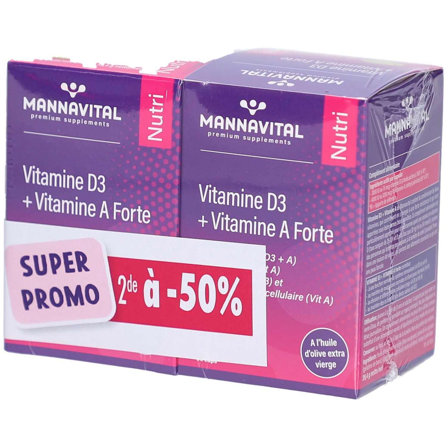 Deux boîtes de MannaVital Vitamine D3 + Vitamine A Forte. Emballage violet avec texte blanc. Autocollant : Super Promo, 2de à -50%.