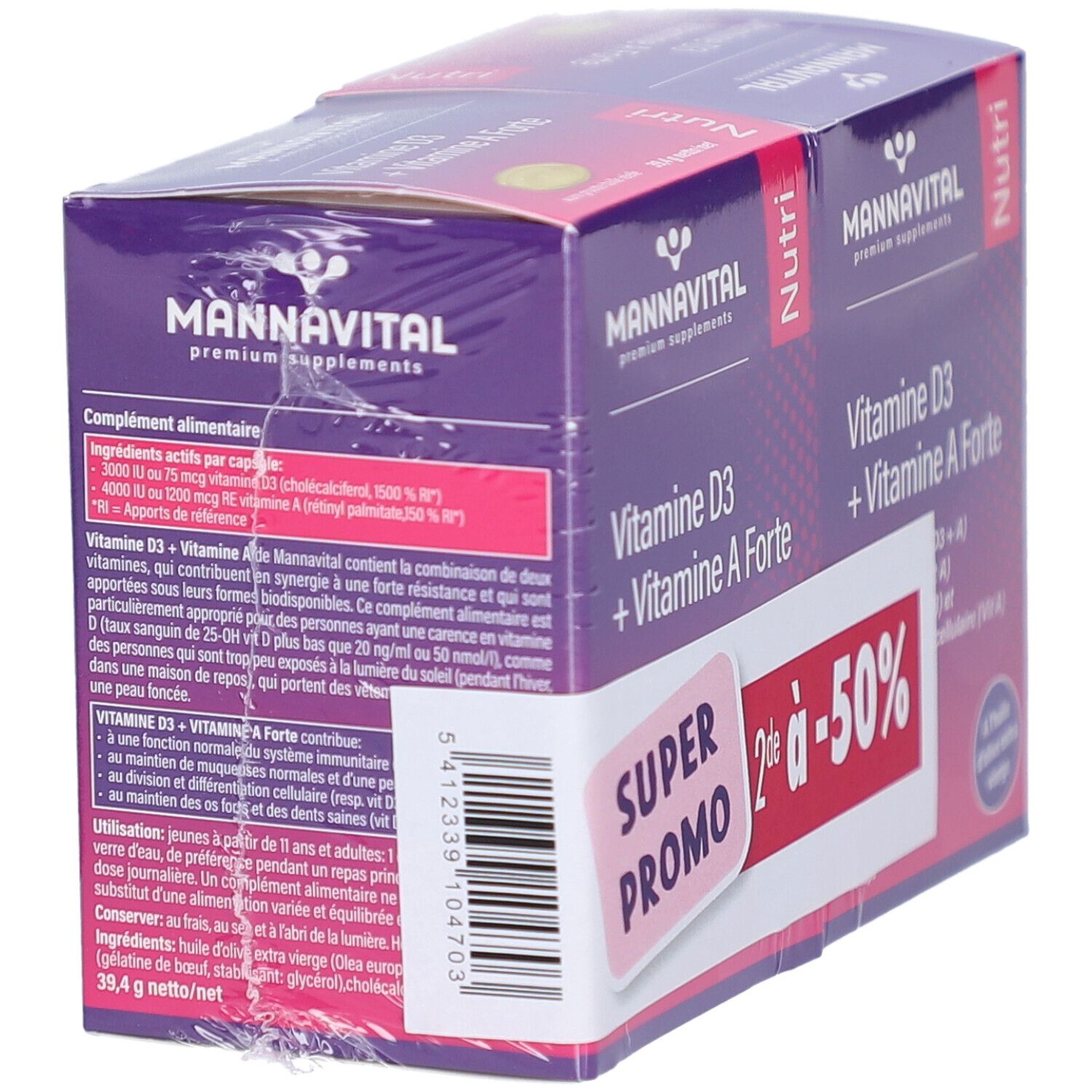 MannaVital Vitamine D3 + Vitamine A Forte en emballage. Boîte violette avec texte blanc. Autocollant : Super Promo, 2de à -50%.