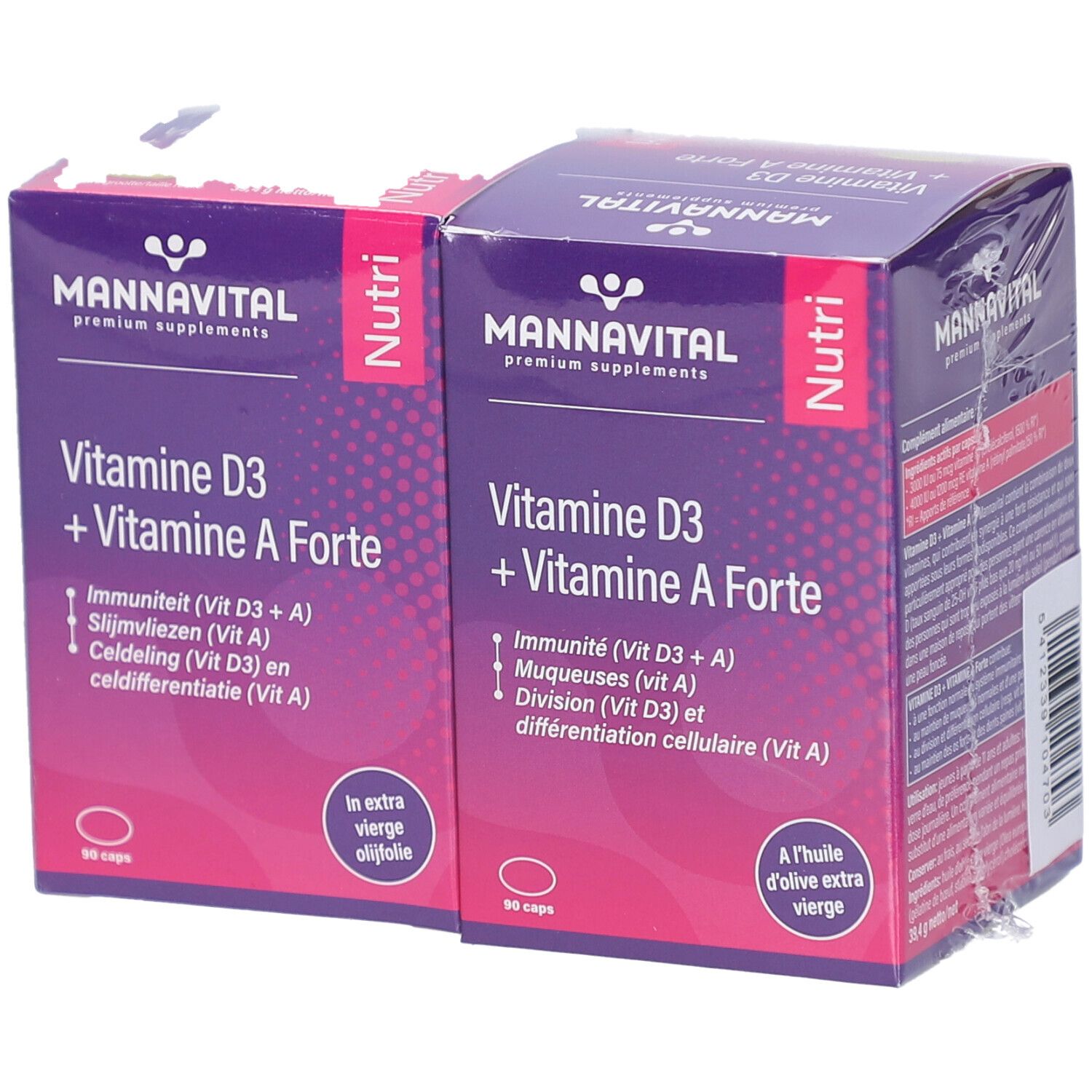 Deux boîtes de MannaVital Vitamine D3 + Vitamine A Forte. Emballage violet avec texte blanc. 90 gélules.