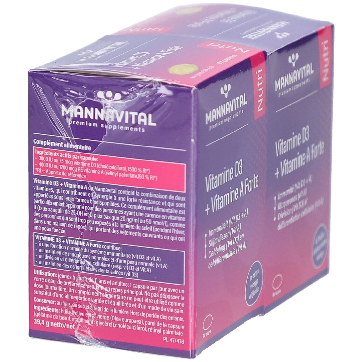 MannaVital Vitamine D3 + Vitamine A Forte en emballage. Boîte violette avec texte blanc. 90 gélules.