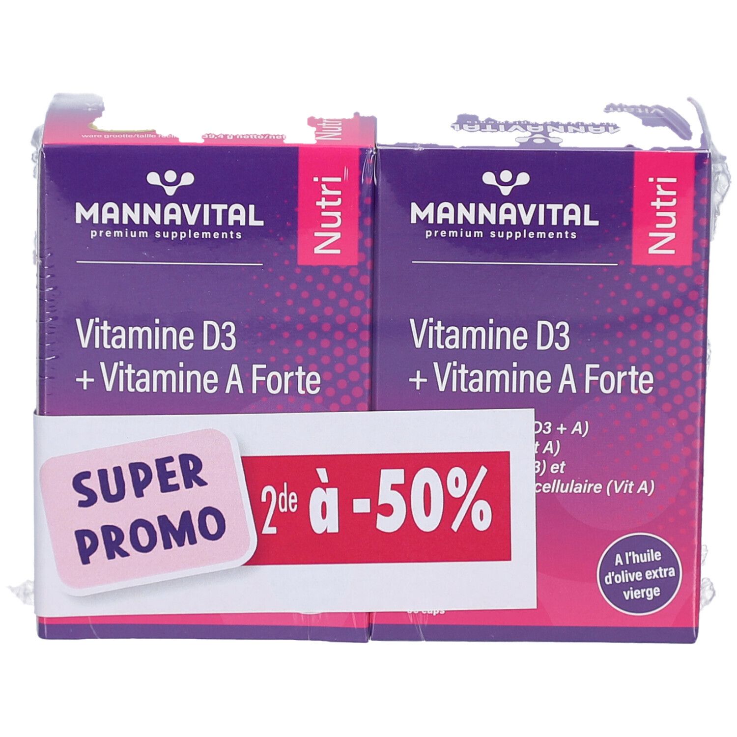 Deux boîtes de MannaVital Vitamine D3 + Vitamine A Forte. Emballage violet avec texte blanc. Autocollant : Super Promo, 2de à -50%.