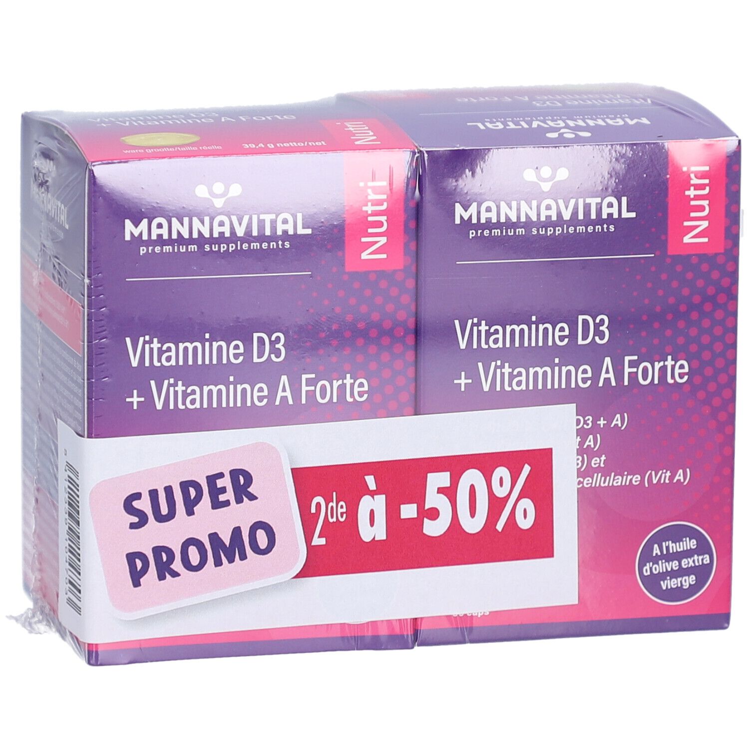Deux boîtes de MannaVital Vitamine D3 + Vitamine A Forte. Emballage violet avec texte blanc. Autocollant : Super Promo, 2de à -50%.
