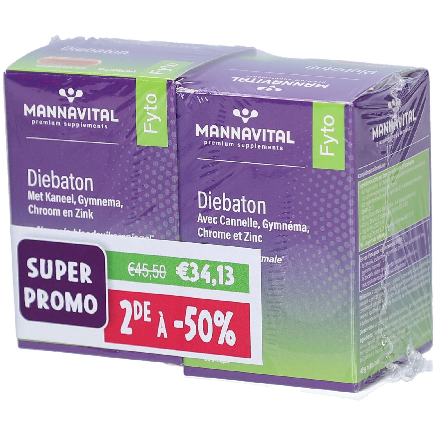 Deux boîtes MannaVital Diebaton. Emballage violet avec texte blanc. Autocollant promotionnel. Emballé sous film.