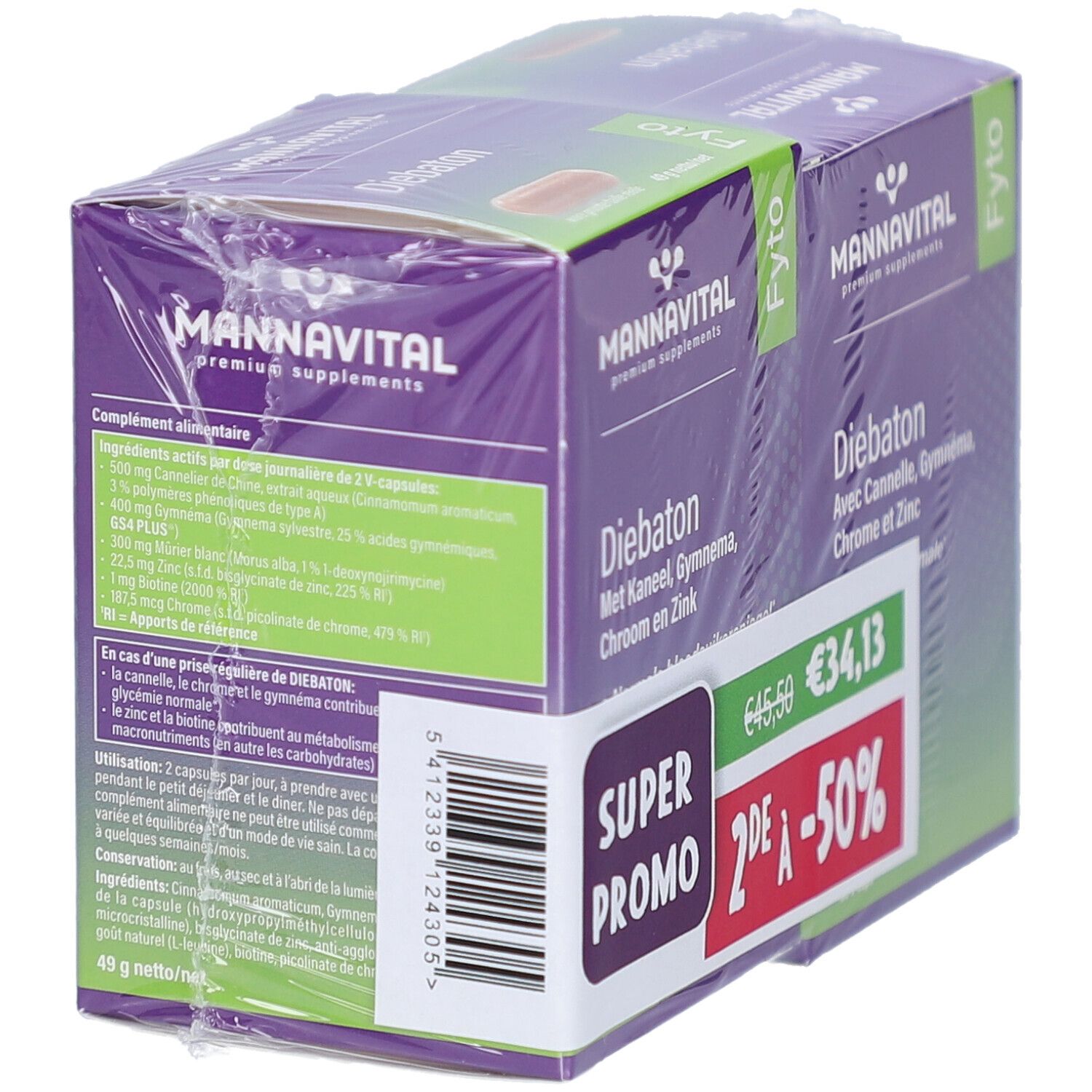 Deux boîtes MannaVital Diebaton sous film. Emballage violet avec texte blanc. Ingrédients au dos.