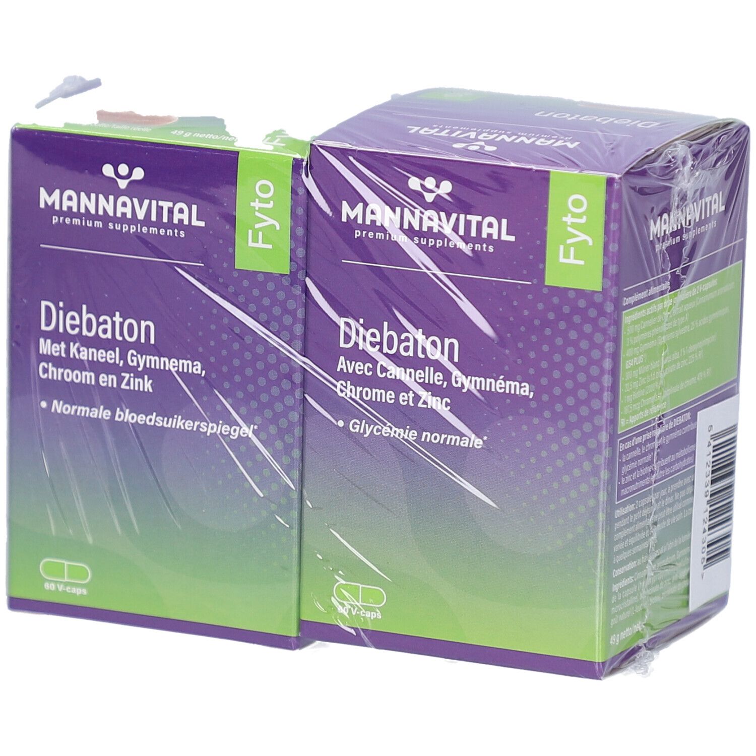 Deux boîtes MannaVital Diebaton sous film. Emballage violet avec texte blanc. Inscription 'Glycémie normale'.