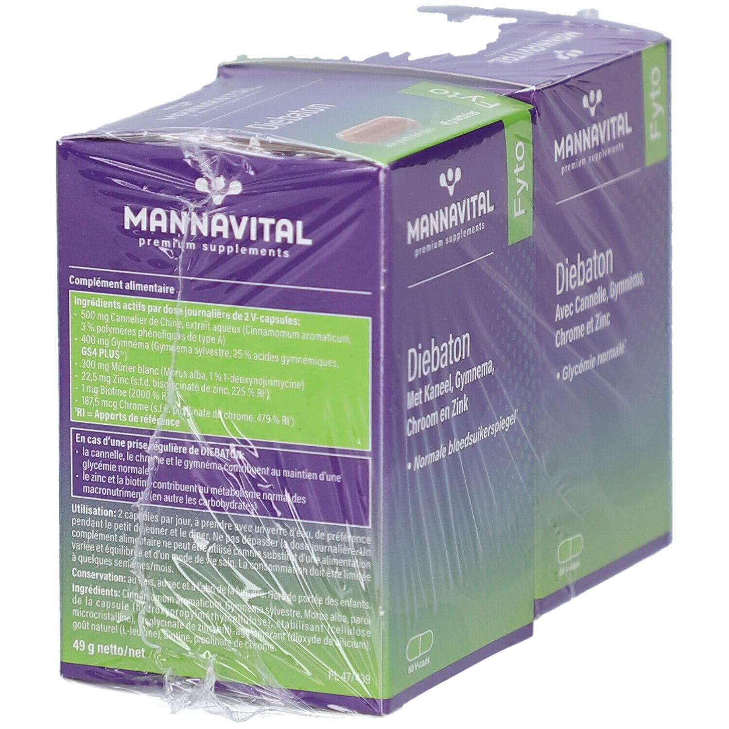 Deux boîtes MannaVital Diebaton sous film. Emballage violet avec texte blanc. Ingrédients au dos.