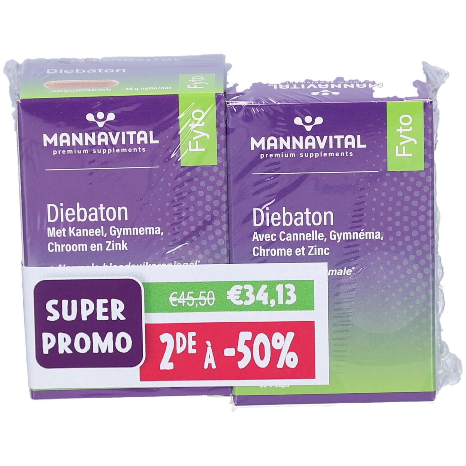 Deux boîtes MannaVital Diebaton sous film. Emballage violet avec texte blanc. Autocollant promotionnel.