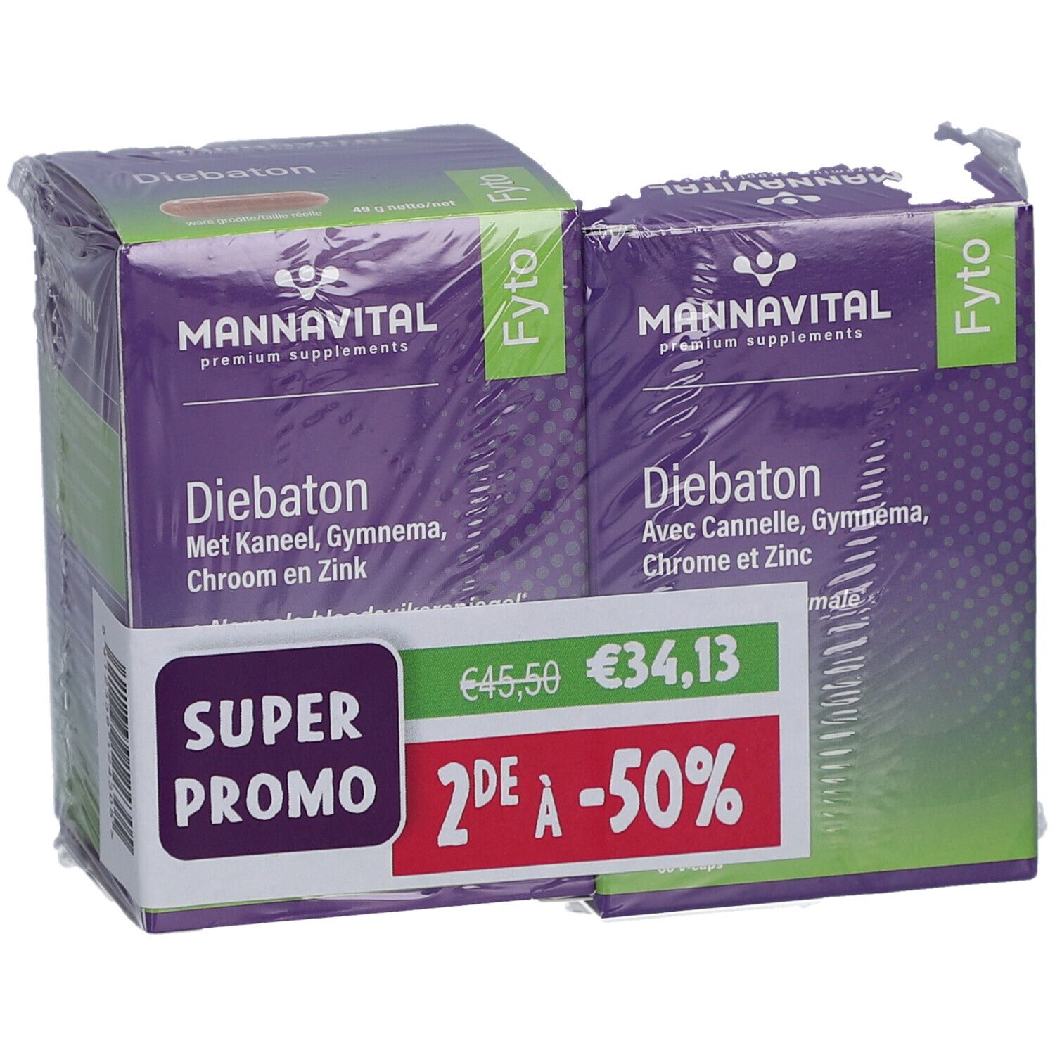 Deux boîtes MannaVital Diebaton sous film. Emballage violet avec texte blanc. Autocollant promotionnel.