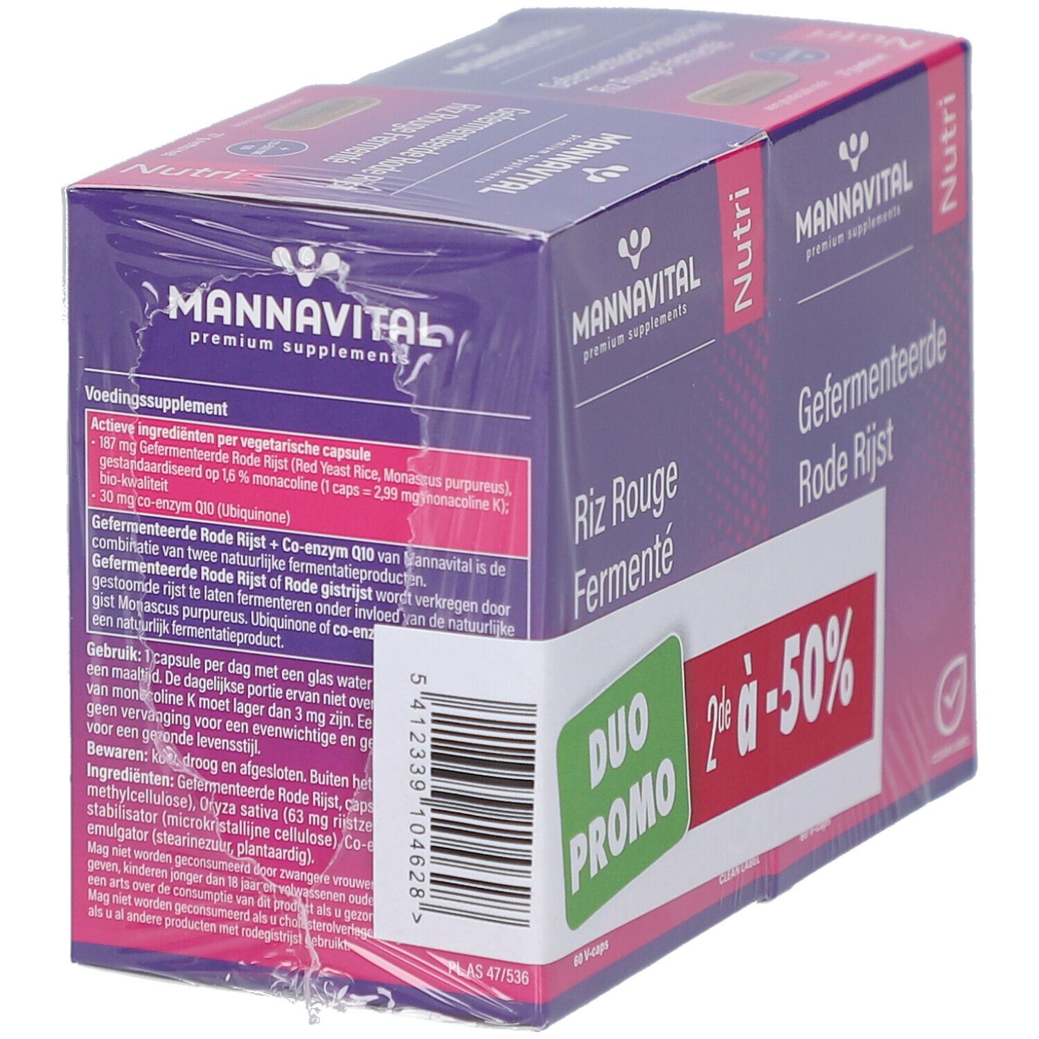 Emballage Mannavital, vue arrière. Emballage violet avec texte multilingue. Autocollant Duo Promo. Film transparent.