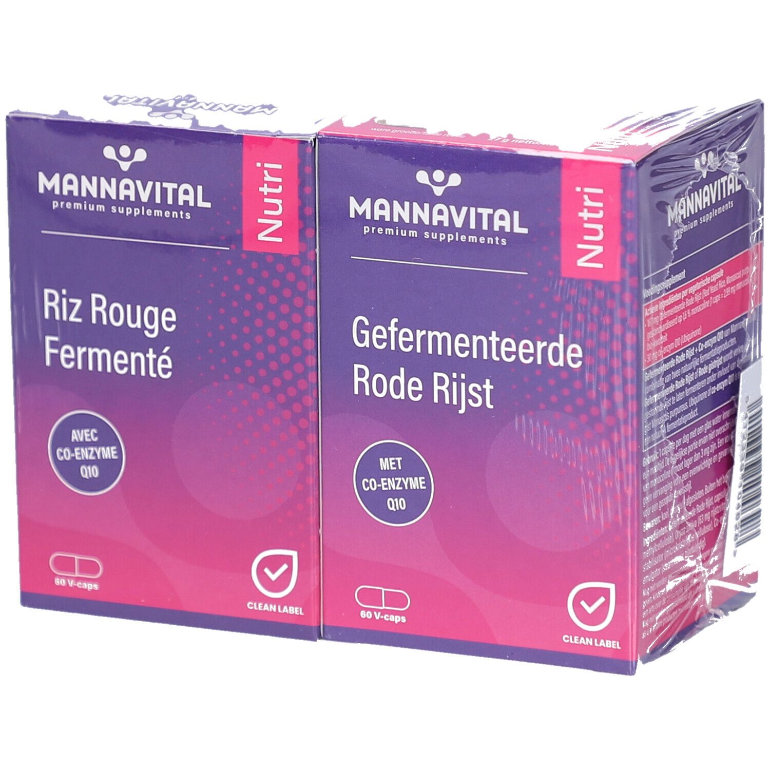 Duopack Mannavital. Emballage violet avec texte multilingue. Avec coenzyme Q10. Film transparent.