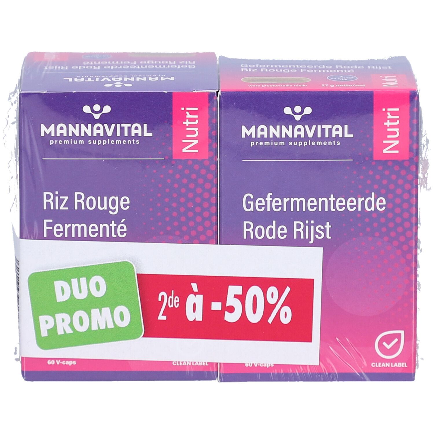 Duopack Mannavital. Emballage violet avec texte multilingue. Autocollant Duo Promo avec remise. Film transparent.