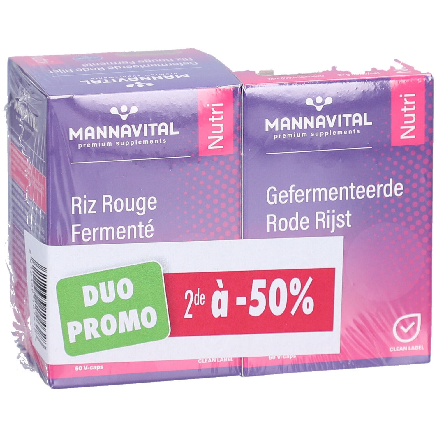 Duopack Mannavital. Emballage violet avec texte multilingue. Autocollant Duo Promo avec remise. Film transparent.