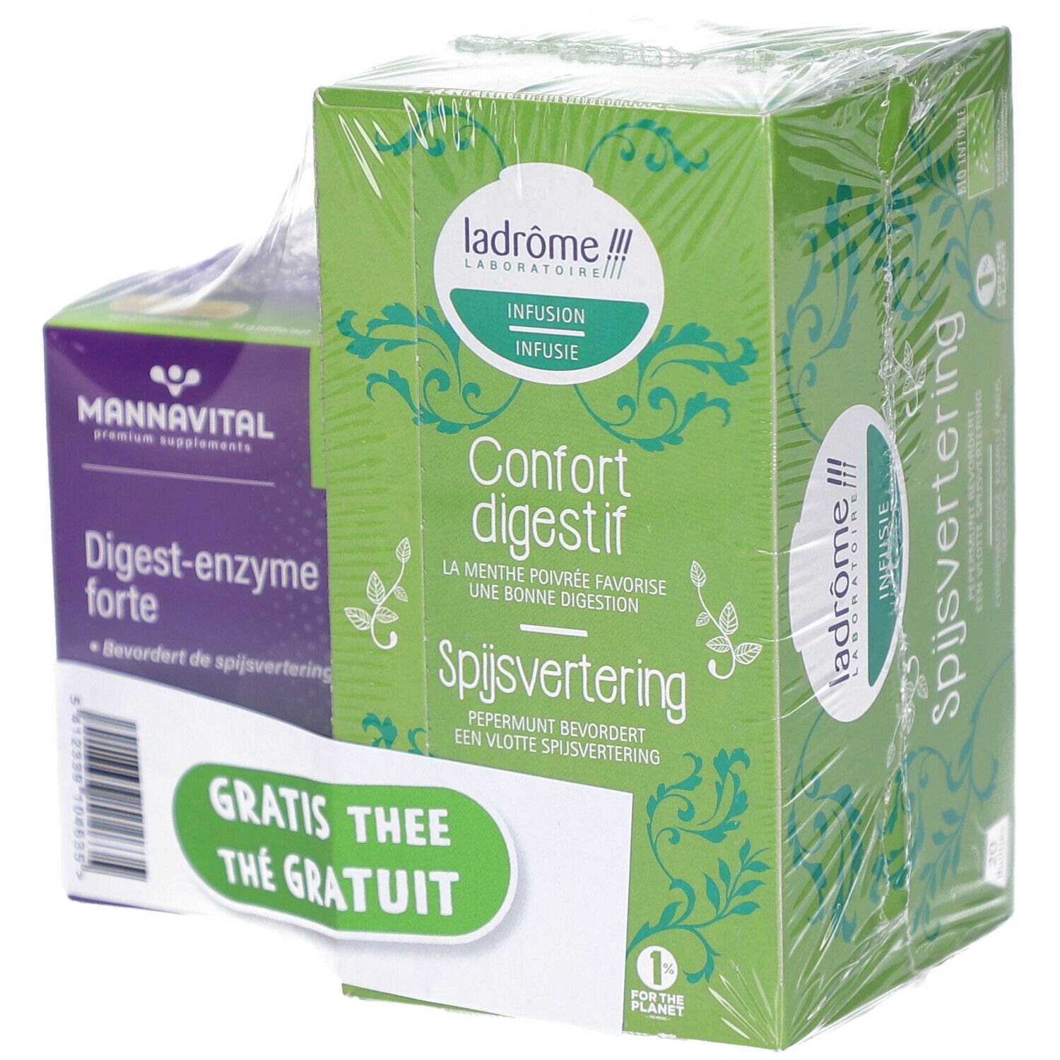 Deux produits emballés. Boîte violette avec texte. Boîte verte avec texte. Autocollant : Thé gratuit.