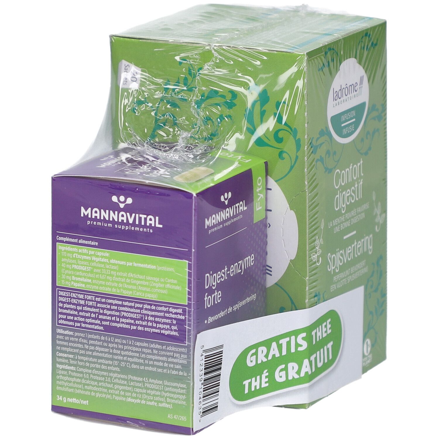 Deux produits emballés. Boîte violette avec texte. Boîte verte avec texte. Autocollant : Thé gratuit.