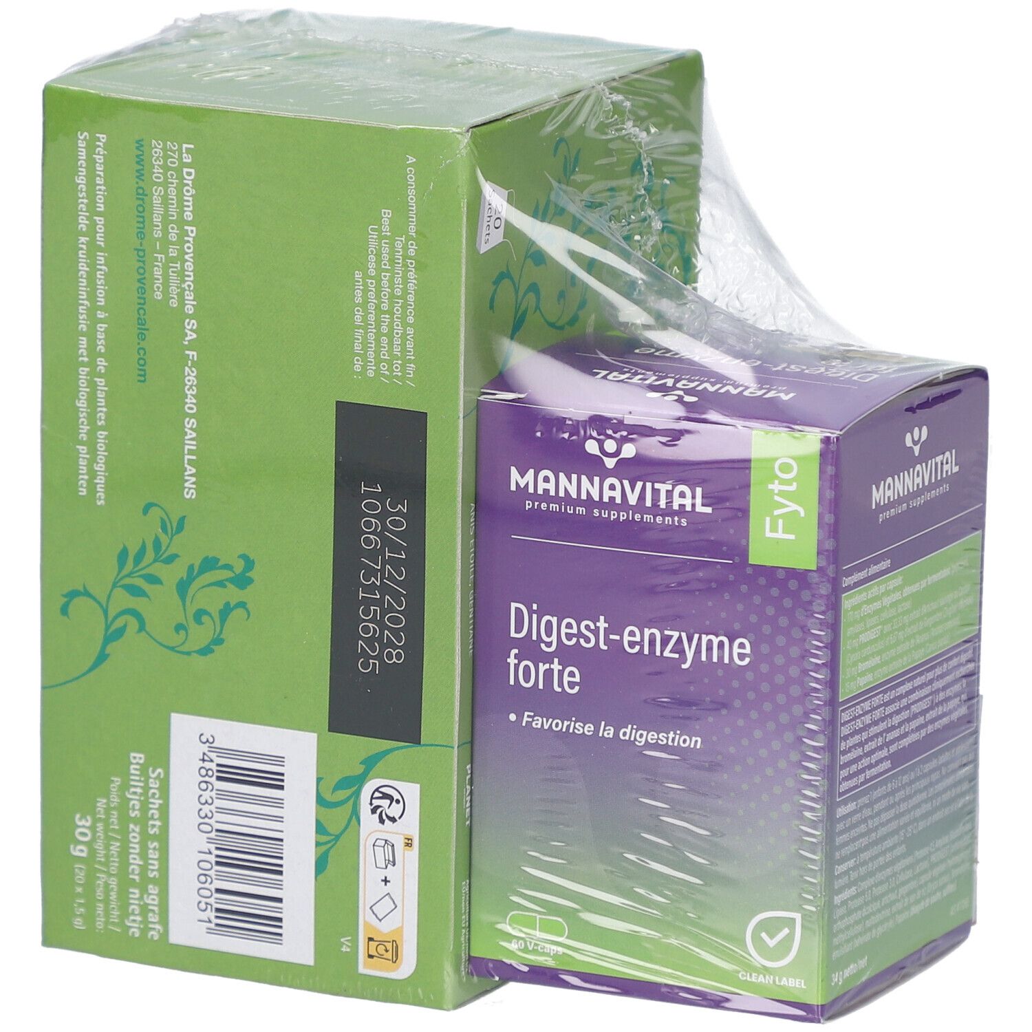 Deux produits emballés. Boîte violette avec texte. Boîte verte avec texte. Impression : 30/12/2028.