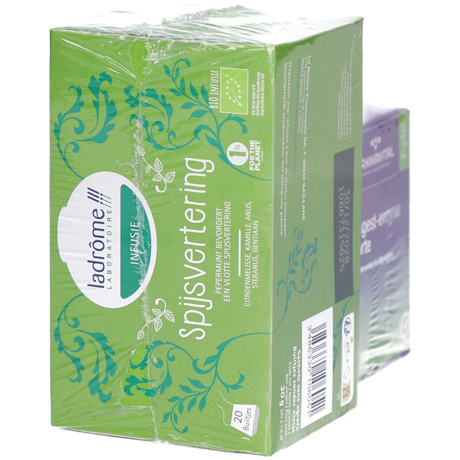 Deux produits emballés. Boîte verte avec texte. Boîte violette avec texte. 20 sachets.