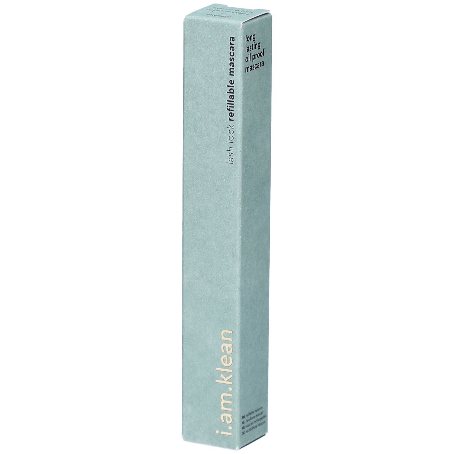 Emballage de mascara i.am.klean. Boîte allongée vert clair avec nom du produit et texte : lash lock refillable mascara.