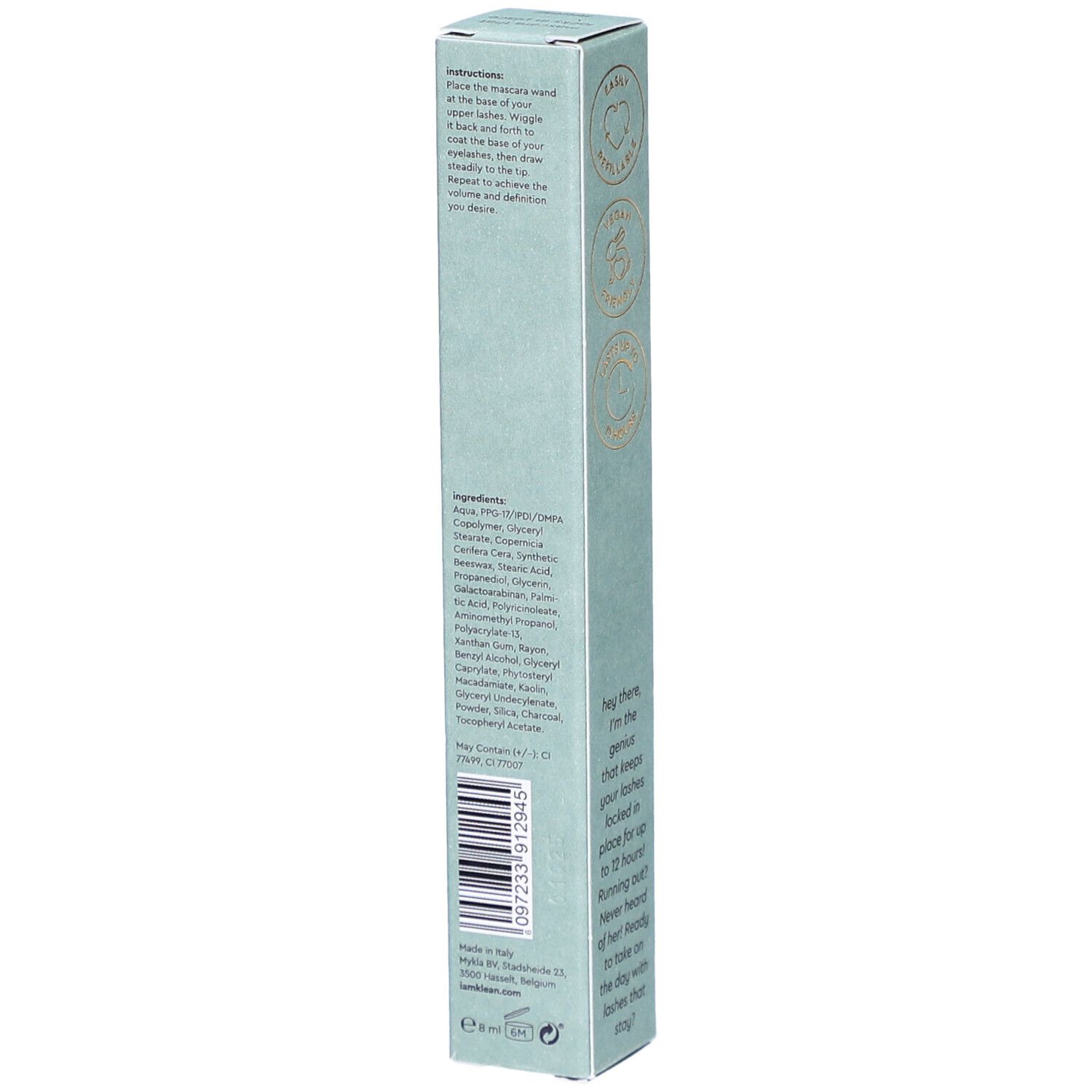 Emballage de mascara i.am.klean. Boîte verte claire avec ingrédients, texte et code-barres. Texte : lash lock refillable mascara.