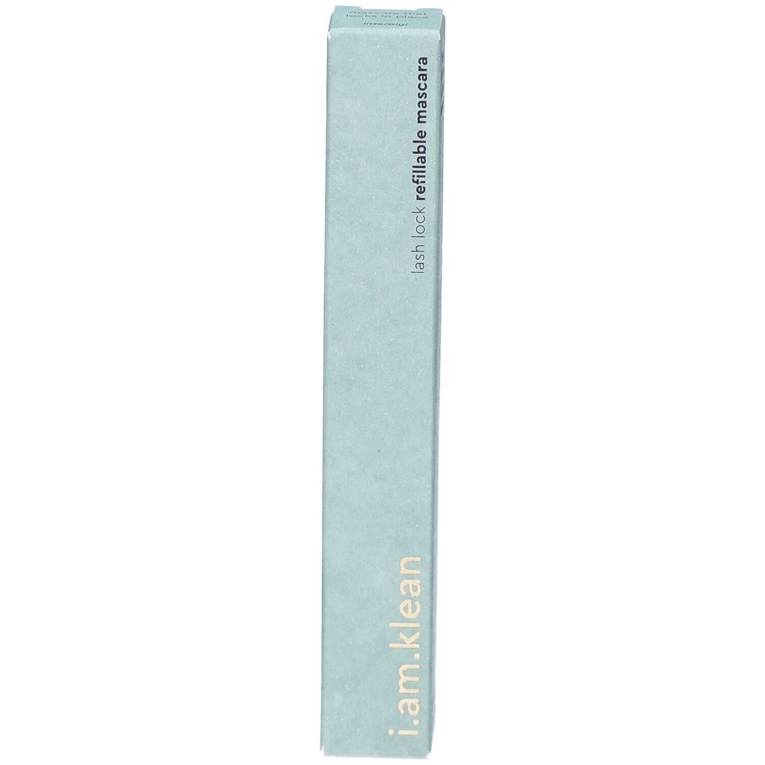 Emballage de mascara i.am.klean. Boîte allongée vert clair avec nom du produit et texte : lash lock refillable mascara.